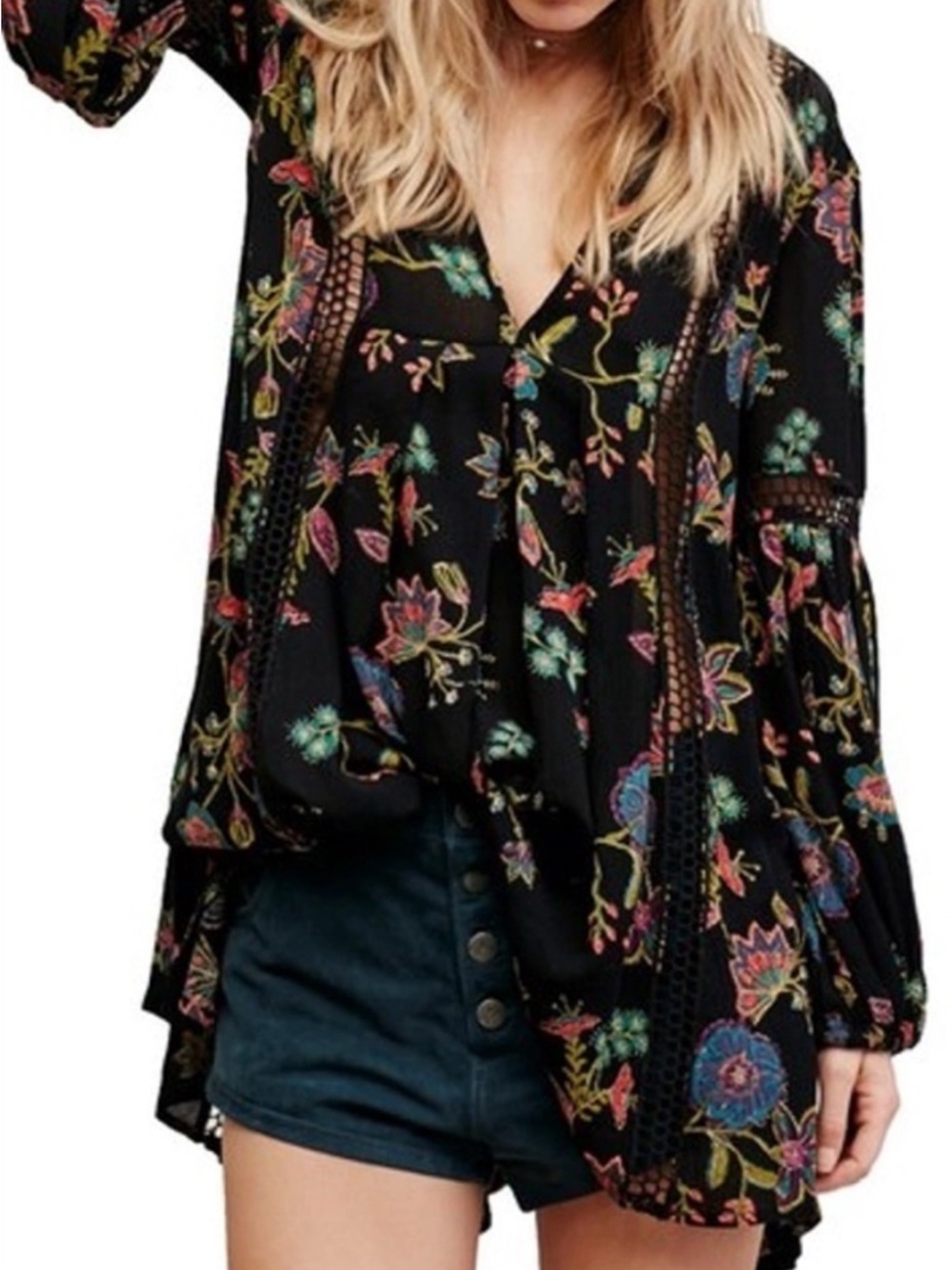 Free People Bohemian Floral Black V-Neck Tunic Top